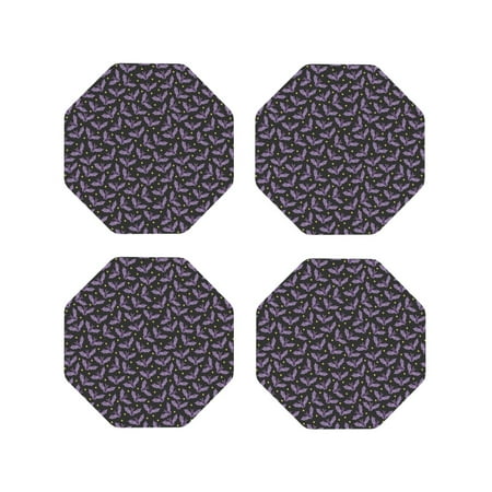 

Fuzoiu Bat Purple Print Leather Coasters Set Drink Coasters Set of 4 for Tabletop Protection Durable PVC Coasters Home Décor and Housewarming Gift-Octagon