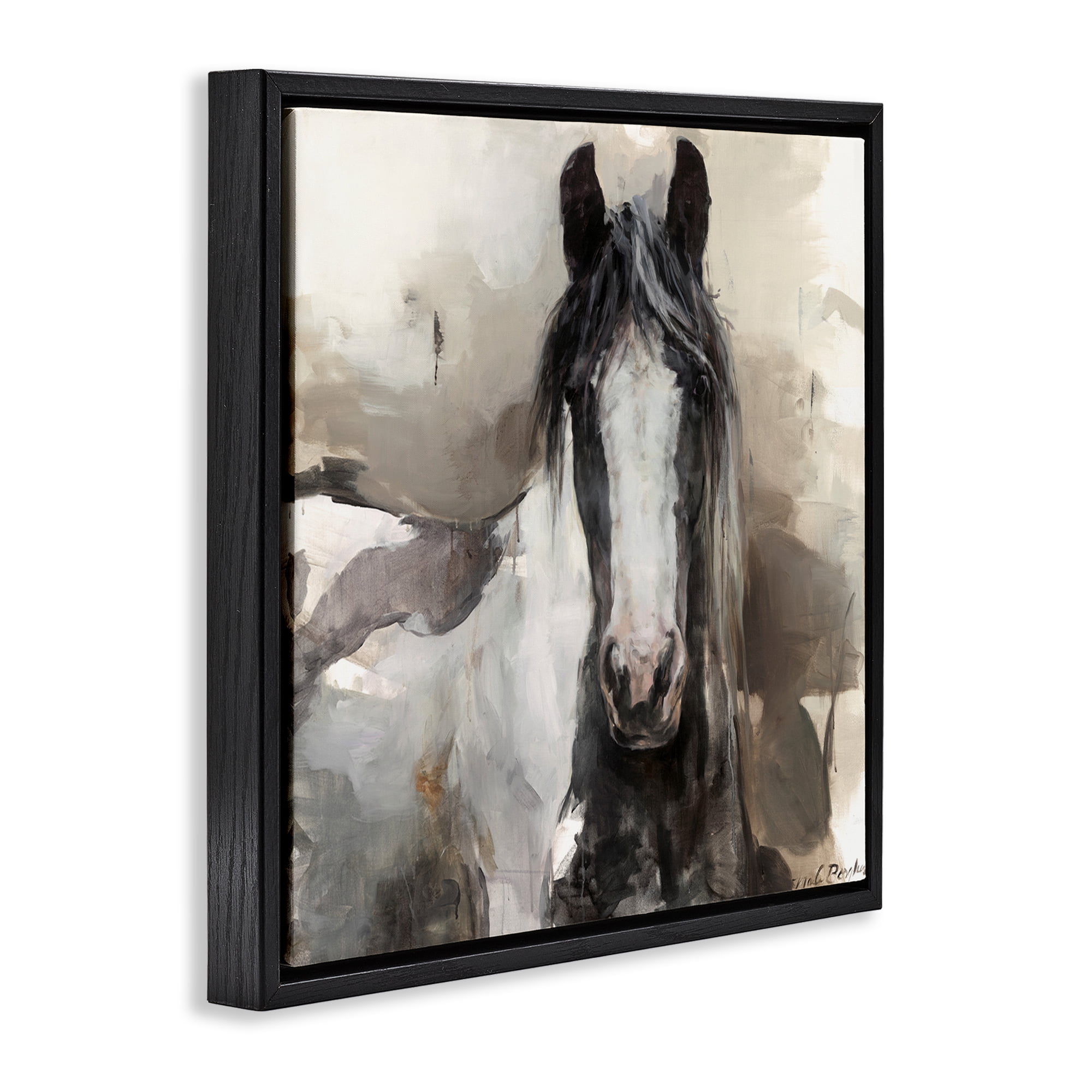 Stupell Industries Grey & Beige Horse Abstract Animals & Insects Painting Black Floater Framed Canvas Art Print Wall Art, 25 x 25