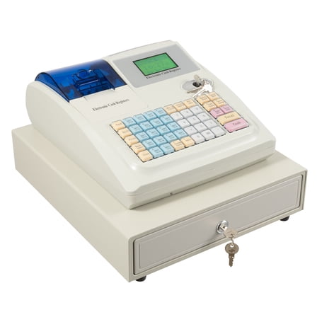 48 Keys Cash Register for Small Businesses, POS System Electronic Cash Register Tabletop Cash Register Drawer with Lock Cash Drawer Box and LED Display for Supermarket Retailer (White)