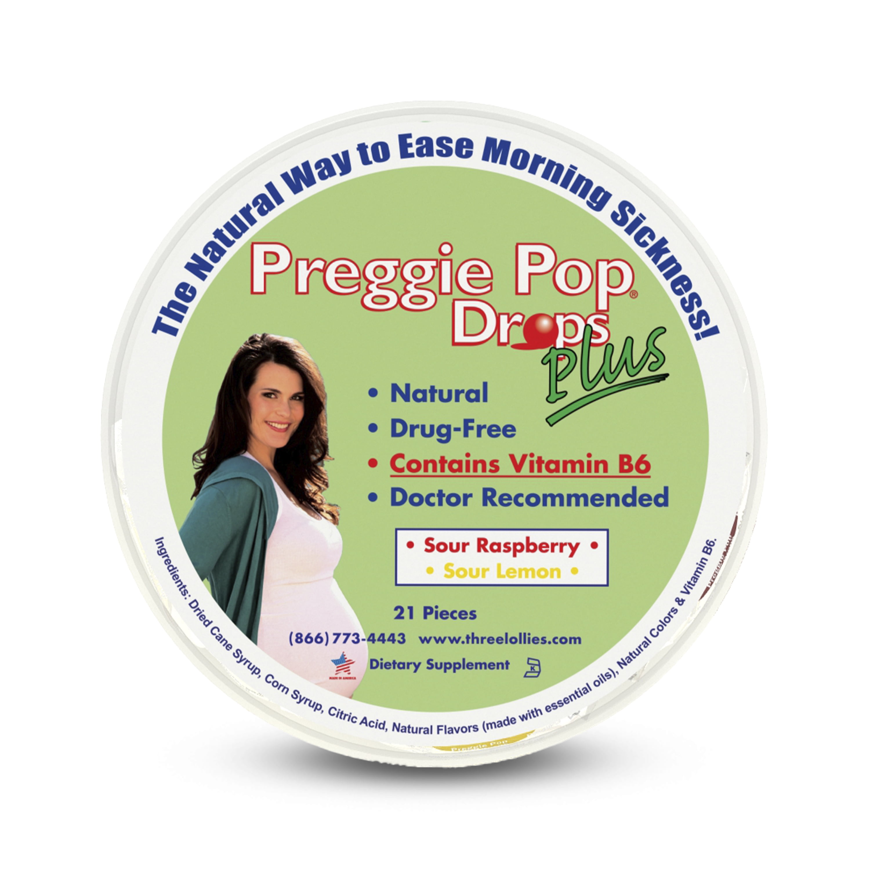 (3 pack) Three Lollies - Preggie Pop Drops Plus Sour Raspberry & Sour Lemon - 21 Piece(s) - Over-the-Counter Morning Sickmess Relief during Pregnancy - Safe for pregnant mom and baby