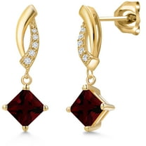 Gem Stone King 10K Yellow Gold Red Garnet and Lab Grown Diamond Stud Dangle Earrings for Women | 1.89 Cttw | Gemstone January Birthstone | Princess 5MM