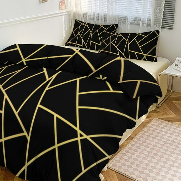 Gold Black Line Abstract Geometric 3D Pattern Duvet Cover Set Themed Multicolor Polyester Bedding Set for Bedroom Decoration