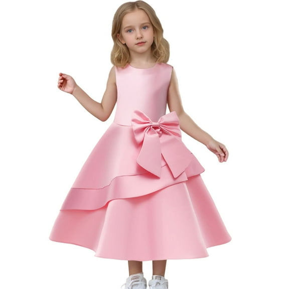 FAOWME Baby Girls Bow Princess Dress Mid-Length Casual & Party Gown For Toddler Pink 7-8 Years