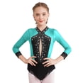thumbnail image 3 of SiiRoh Girls Long Sleeve Gymnastics Leotard Sparkly Color Block Skirted Bodysuit for Dance Skating Blue Green 8, 3 of 7