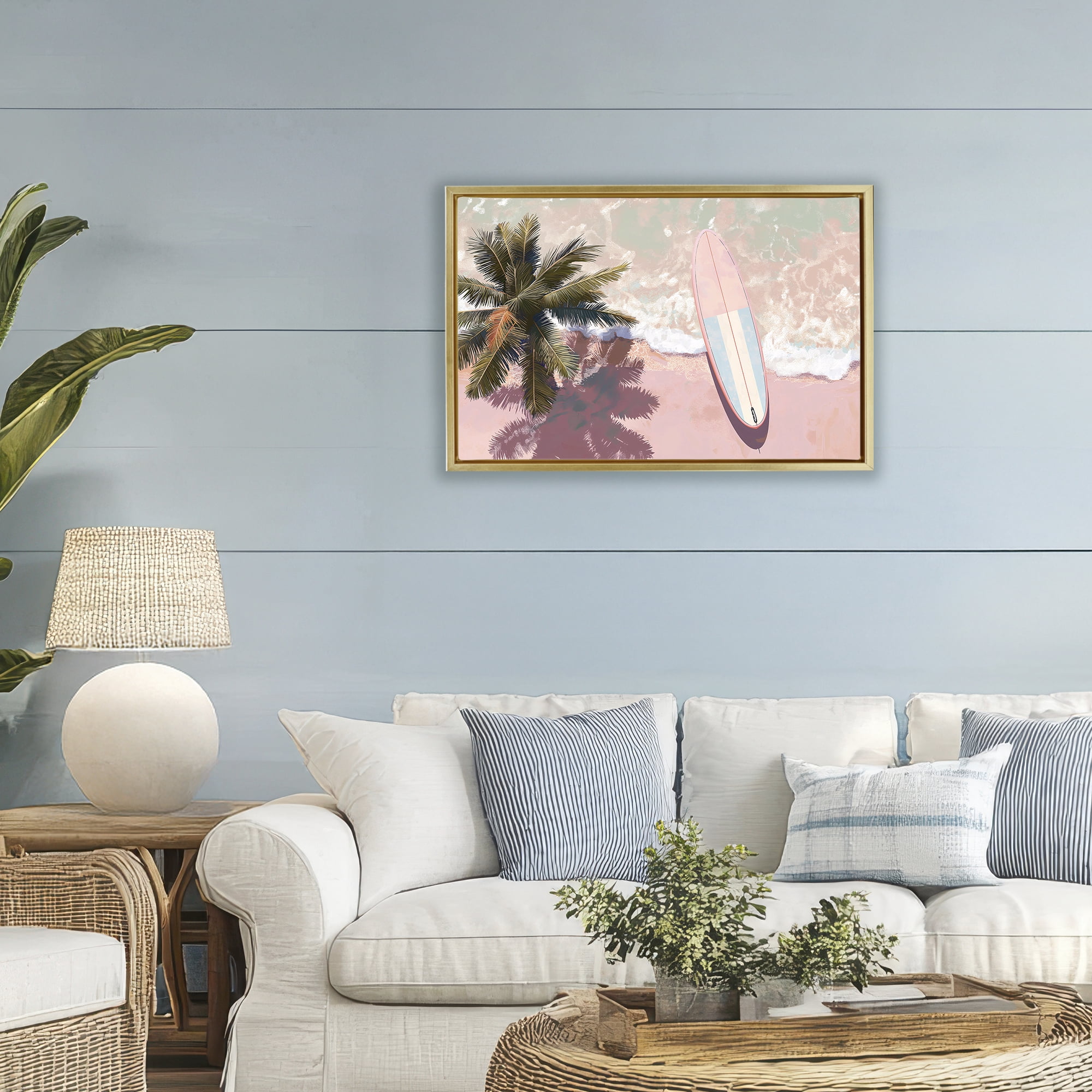 Stupell Industries Blush Pink Surfboard & Palm Gold Framed Floater Canvas Wall Art, design by Jacky Ngan