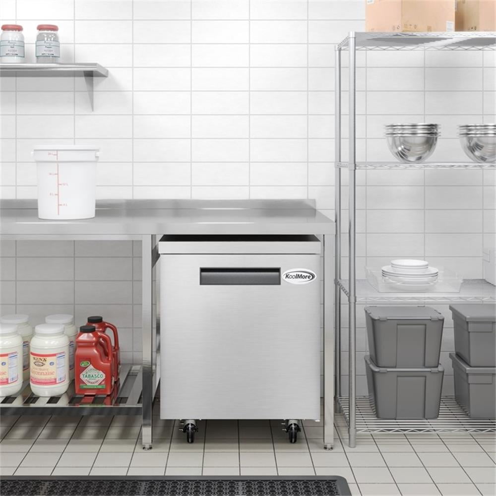 Pemberly Row 27" One-Door Commercial Undercounter Freezer with Casters in Silver