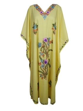 Mogul Women Floral Maxi Dress Kaftan Embellished Cotton Yellow Lounger Resort Wear Caftan Housedress 4XL