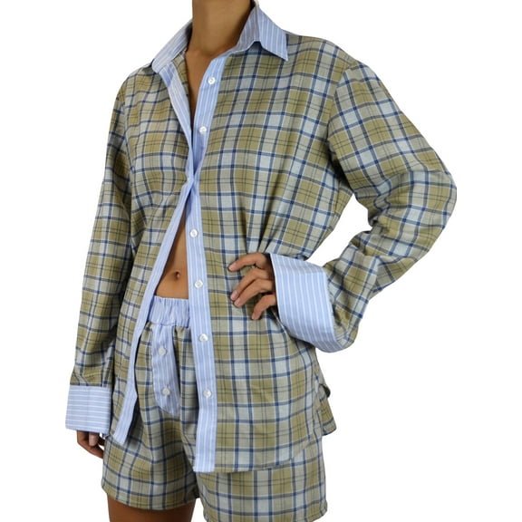 Michellecmm Women Casual 2 Piece Outfits Plaid Print Button Up Shirt Shorts Set