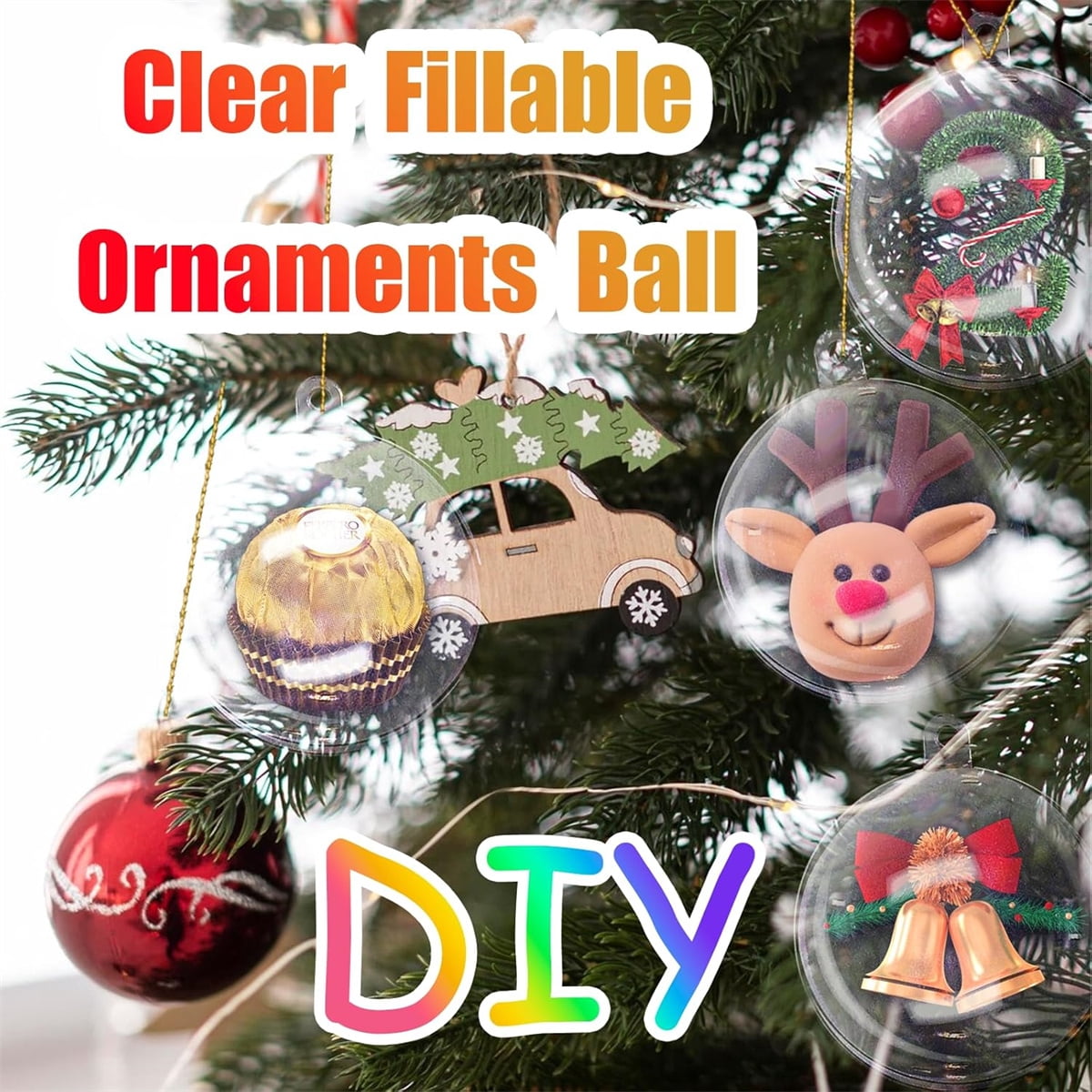 Yayun 50 Pcs Christmas Clear Plastic Fillable Balls, DIY Craft Transparent Baubles Christmas Tree Hanging Ornament for Birthday Valentine Decor (1.2 in/1.6 in/2 in/2.4in/2.8 in)