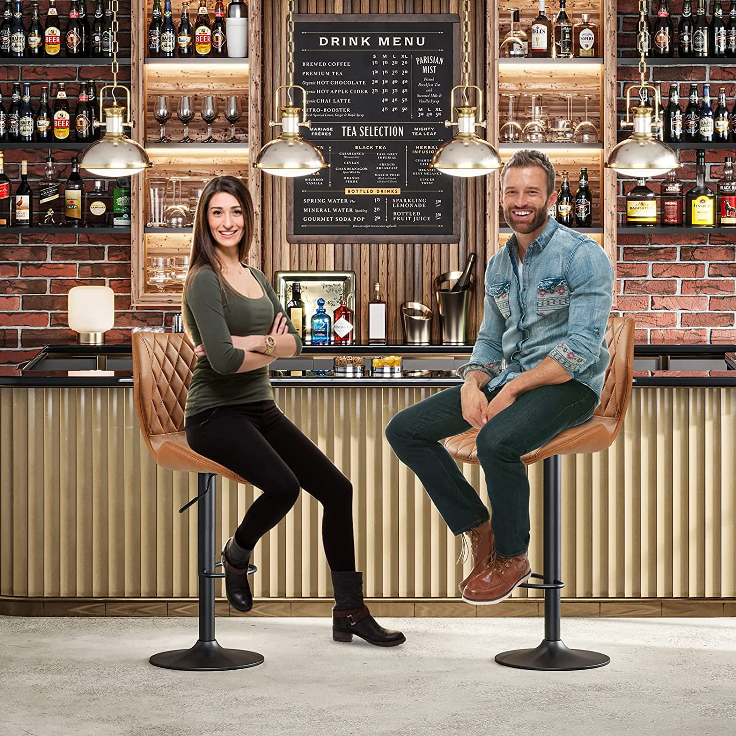 DICTAC Set of 2 PU Leather Bar Stools Height Adjustable Bar