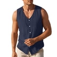 thumbnail image 4 of Men's V Neck Vest Cotton Linen Sleeveless Vest Button Up Sleeveless Tops Casual Layering Spring Summer Business Top Navy 2XL, 4 of 6