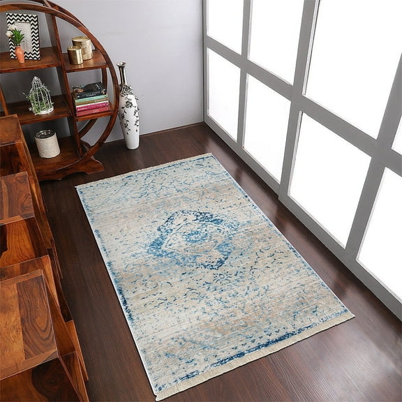 Rugsotic Carpets Machine Woven Crossweave, Oriental Polyester Floor Area Rug For Living Room Bedroom, Blue, 6'x9'
