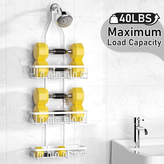 JUNCHI-Shower Caddy,Rustproof Shower Shelves Over Shower Head,Extended Length shower rack with Soap HoSlder,White
