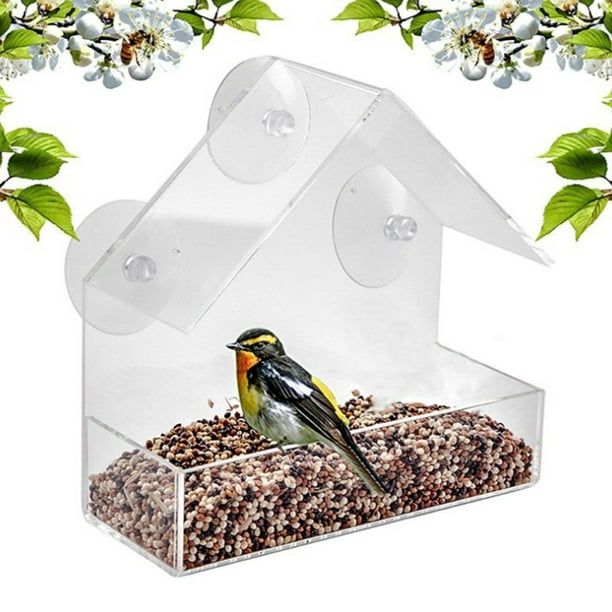 Flmtop Transparent Acrylic Window Bird Feeder Strong Suction Cup Hanging  Cage House Transparent 