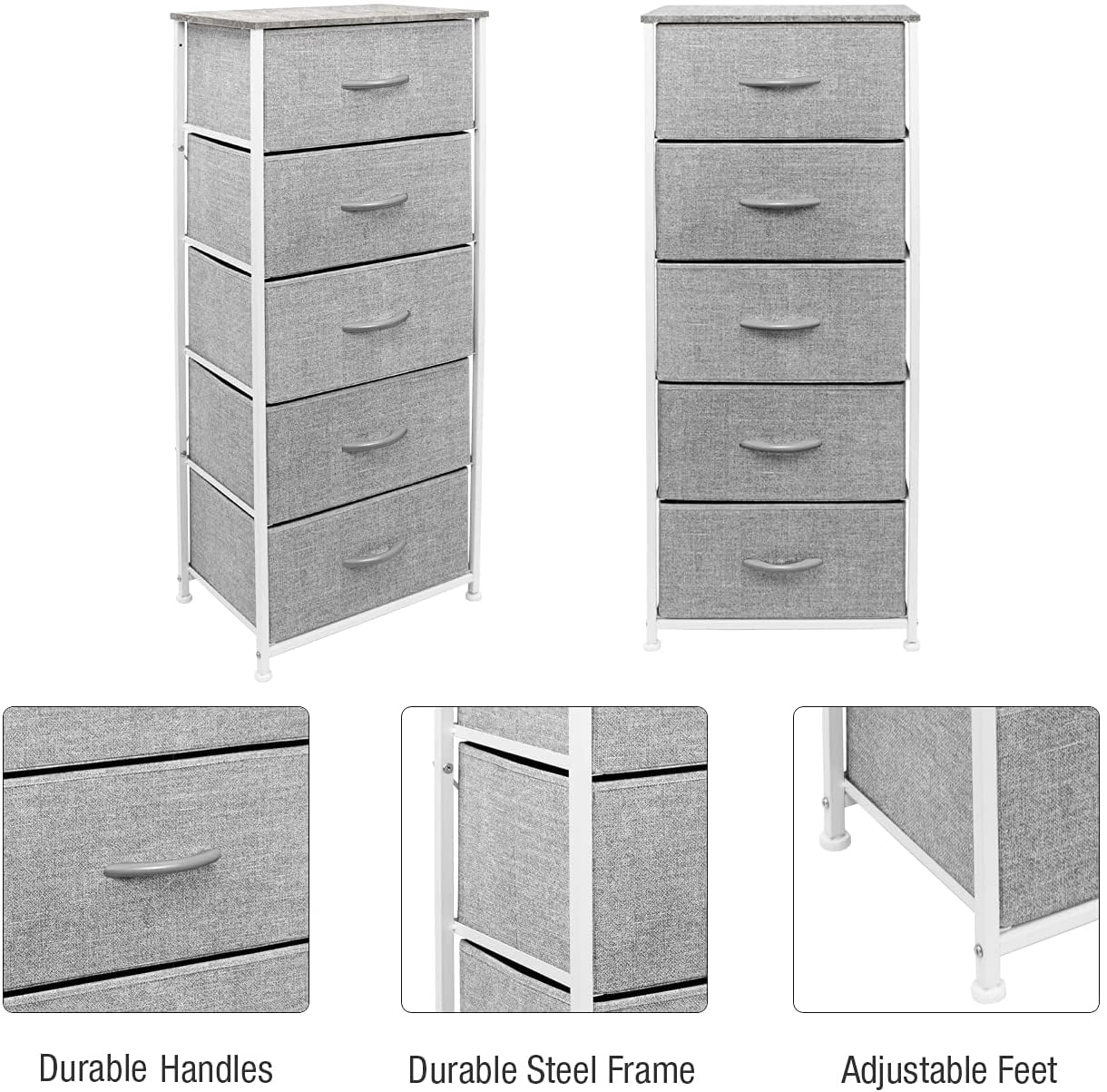 Sorbus Nightstand Dresser with 5 Drawers - Tall Storage Tower Unit Organizer for Bedroom, Hallway, Closet, College Dorm - Chest Drawer for Clothes, Steel Frame, Wood Top, Easy Pull Fabric Bins (Grey)
