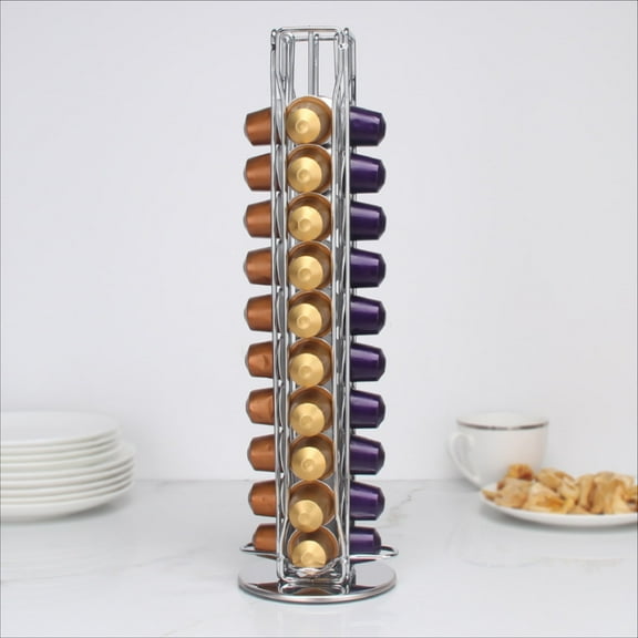 Rotating 40-Capsule Coffee Pod Holder - Chrome Plated Stainless Steel Storage Organizer for Single-Serve Coffee