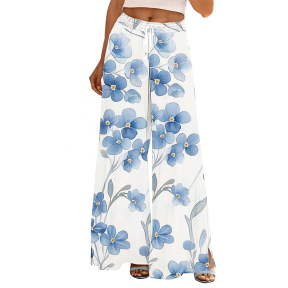 Women's Wide Leg Pants Fashion Print Lightweight Elastic Waist Loose Fit Pants Summer Beach Casual Daily Wear (XL, White)