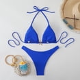 thumbnail image 5 of Women's Halter Bikini Sets Beads Tie Side Solid Triangle Thong Swimsuit Two Piece Cheeky Bathing Suits (Royal Blue,M), 5 of 8
