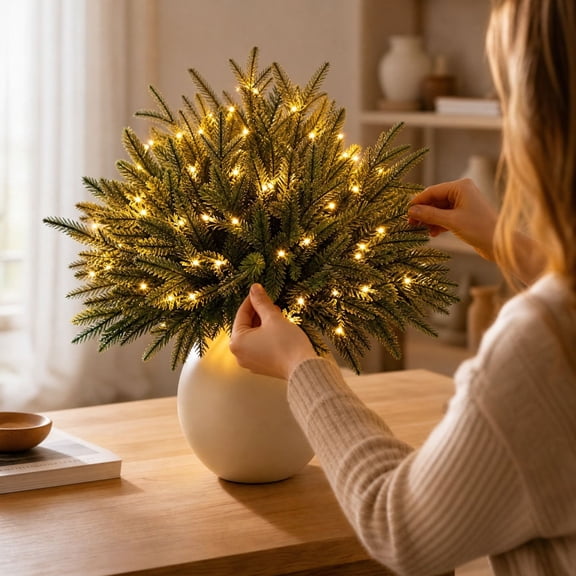 5Pcs 16.1" Pre-Lit Christmas Norfolk Pine Stems, Soft Touch Realistic Full & Thick Pine Branches for Vase Fillers, Artificial Evergreen with LED Lights, Christmas Home Decor for Mantel Table Wreaths
