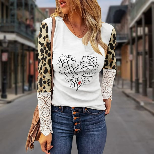Snorda Women Casual Valentine's Day Printed Leopard Patchwork Lace Long  Sleeve Pullover Blouse T-shirt Tops 