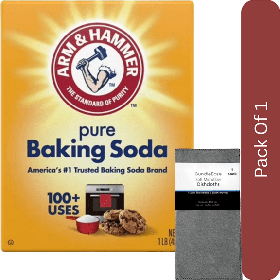 ARM & HAMMER Pure Baking Soda, Multi-Use for Baking, Cleaning & Deodorizing, 1 lb Box with Microfiber Solid Color Dishcloth by BundleEase