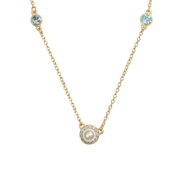 Womens Ladies Fashion Accessories Jewelry 14K Gold Plated Light Sapphire Crystal Halo Glass Pearl and Aquamarine 3 Station Pendant Necklace Made with Swarovski Crystals