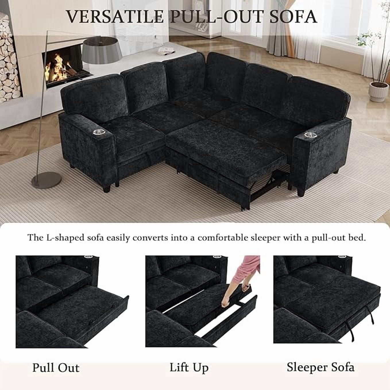 Howcool Modular Sectional Sleeper Sofa, 81" L-Shaped Oversized Cloud Couch with Pull-Out Bed, 5-Seat Chenille Sofa with Storage Chaise, USB Charging and Cup Holders for Living Room Apartment,Black