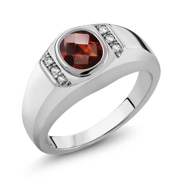 Gem Stone King 1.46 Cttw Oval Checkerboard Red Garnet and White Created Sapphire 925 Sterling Silver Ring for Men | Gemstone Birthstone | Available in Size 7, 8, 9, 10, 11, 12, 13