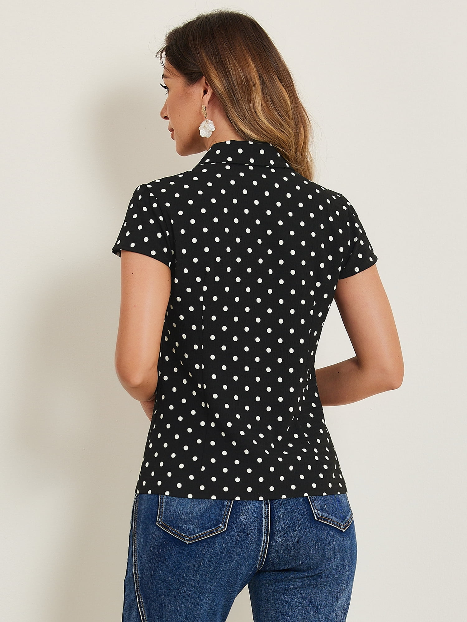 DARING DIVA Women's Retro Point Collar Short Sleeve Polka Dots Shirts XL Black