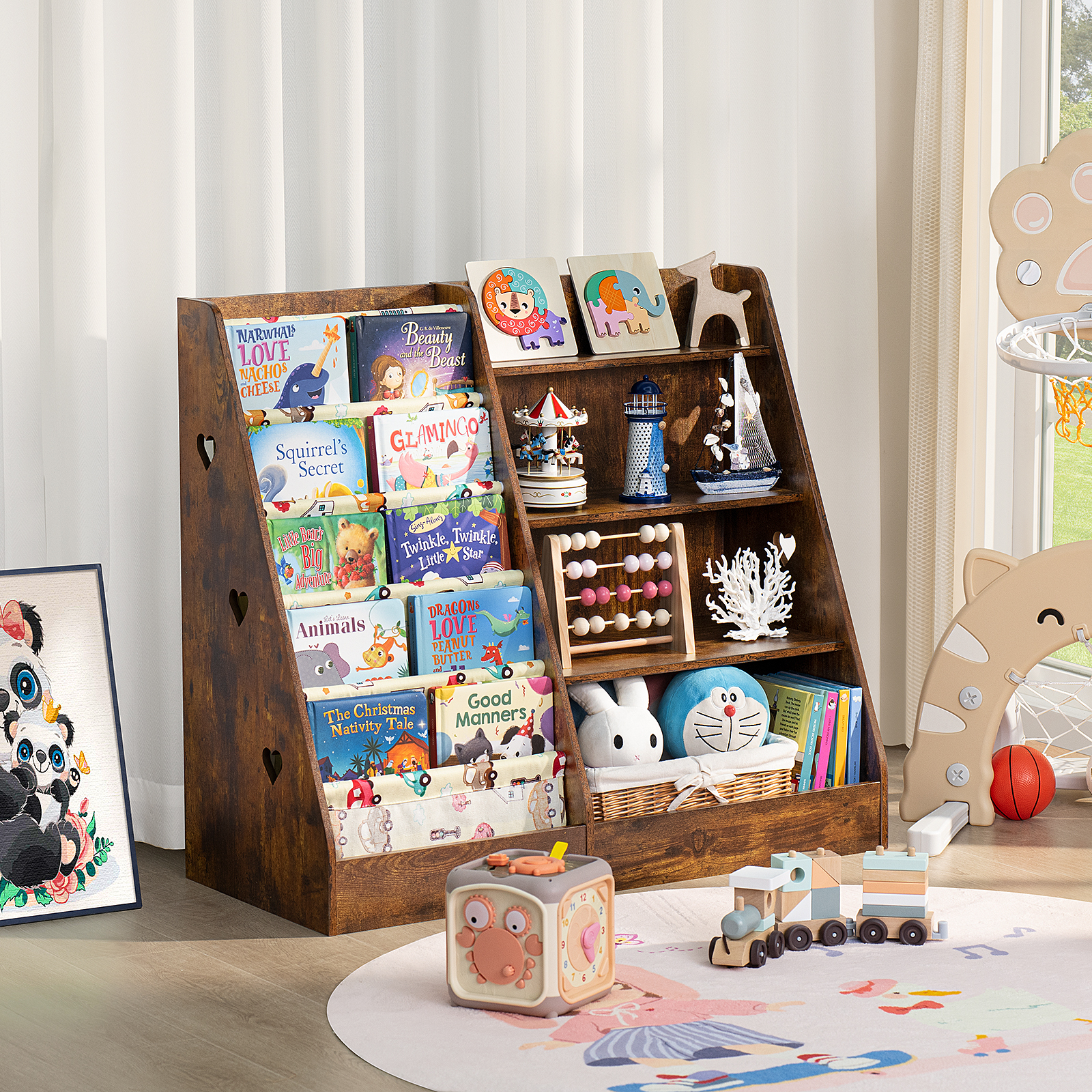 LELELINKY 35.5" Kids Bookcase Toy Storage Organizer with 5 Layer Sling, 4-Tiers Wood Toy Bookshelf for Kids Room, Brown