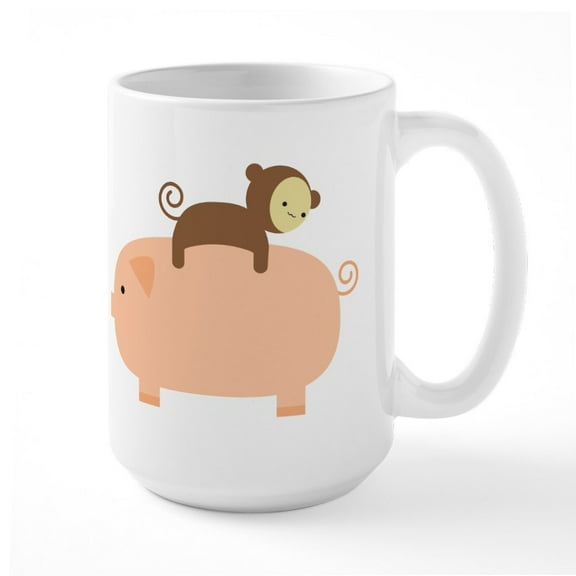 CafePress - Baby Monkey Riding Backwards On A Pig Large Mug - 15 oz Ceramic Large White Novelty Mug