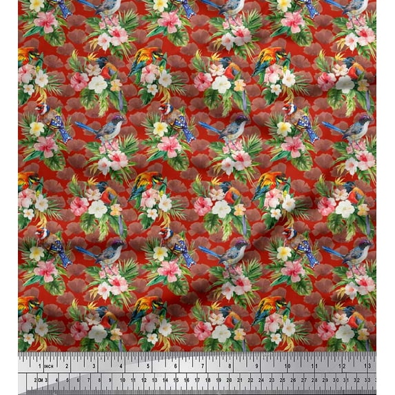 Soimoi Red Cotton Poplin Fabric Tropical Leaves & European Goldfinch Bird Print Sewing Fabric BTY 56 Inch Wide