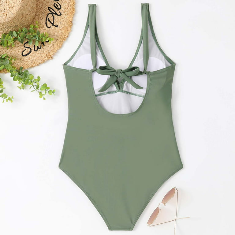 Efsteb Womens Swimsuits Monokini Clearance One Piece Swimsuit V Neck  Bathing Suits Swimwear Beachwear Solid Color Tummy Control Slim Green L 