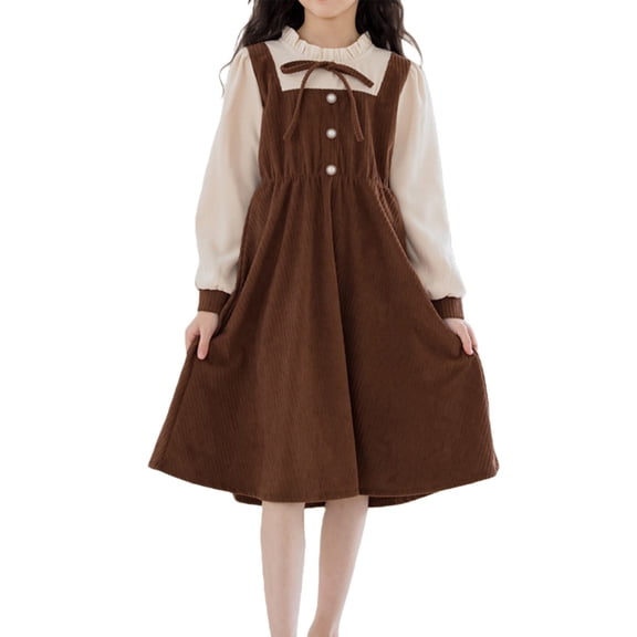 EnJoCho Teen Girls Long Sleeve Midi Dress Summer Ruffl𝖾s A-Lined Sundress Kids Button Pleated Casual Elegant Shirt Dress