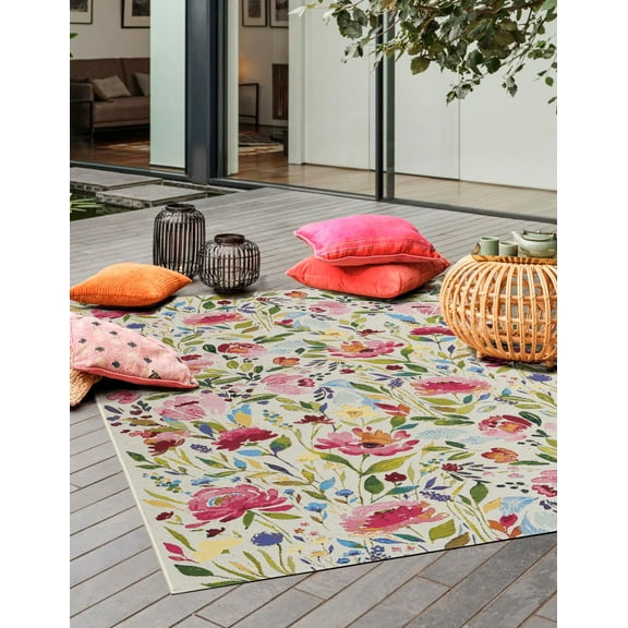 Unique Loom Outdoor Botanical Collection Area Rug - Buttercup (5' 3" x 8' Rectangle Multi/Blue)