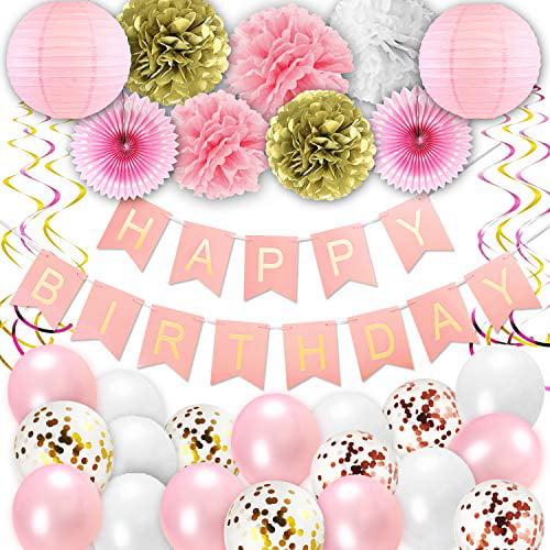 1ST Birthday Hanging Swirls Decorations Foil Party AGE 1 Girl Banner Pink Flower 