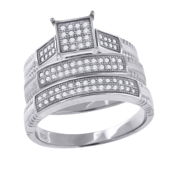 Sterling Silver Cubic-Zirconia Square Head Trio Bridal Anniversary Wedding Engagement Band Ring Set Size 10
