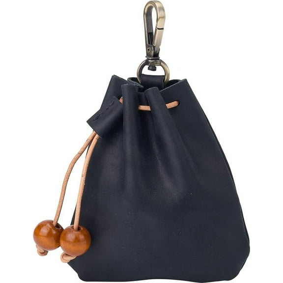 5x4"/125*106mm Black Genuine Leather Mini Medieval Pouch Keychain Crazy Horse Leather Drawstring Pouch Credit Card Wallets Coin Purse Change Holder Organizer for DIY Business Office Men Women