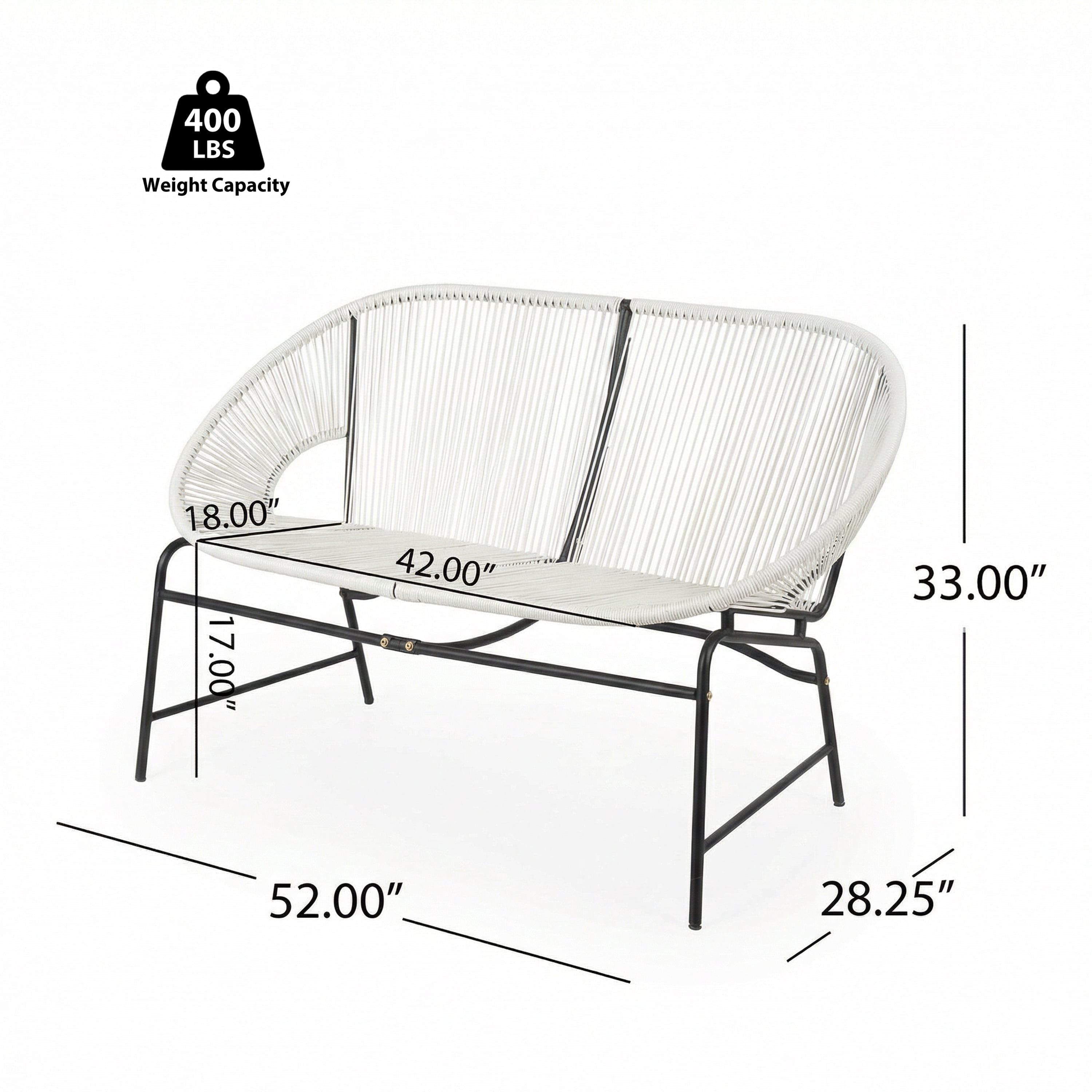 Outdoor PE Rattan Wicker Loveseat with Iron Frame for Porch Garden Balcony, White
