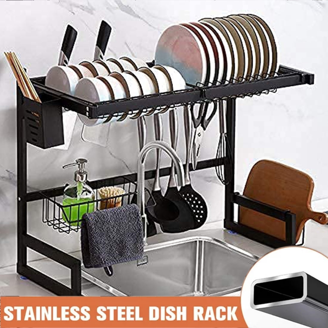 Dish Drying Rack Over The Sink,Adjustable Dish Rack over Sink, 2 Tier Stainless Steel Dish Rack Drainer, Large Dish Rack Over Sink for Kitchen Space-Saving Black