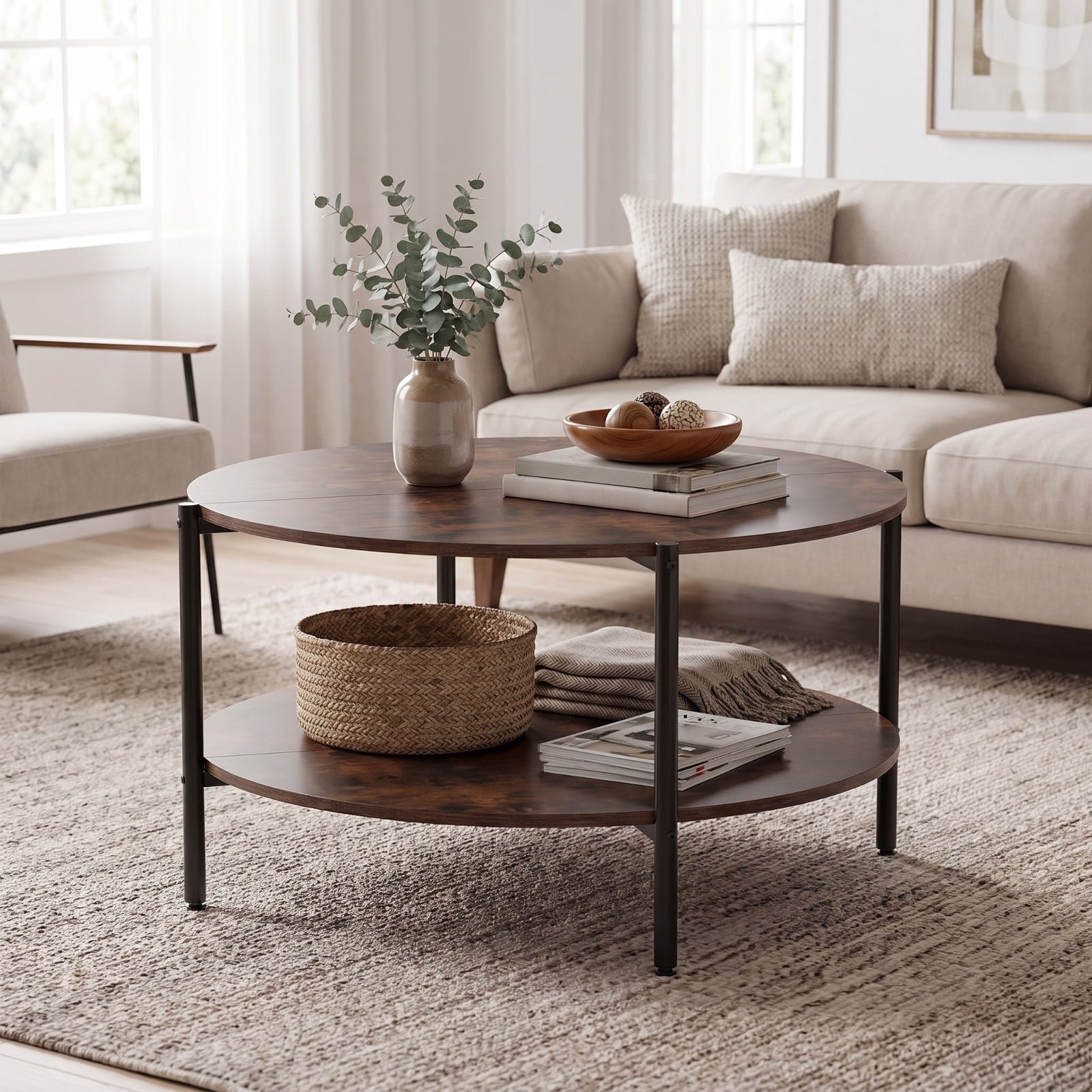 Furnibear Round Industrial Coffee Table 2 Tier Accent Table with Open Storage Shelf for Living Room Rustic Farmhouse, Rustic Brown