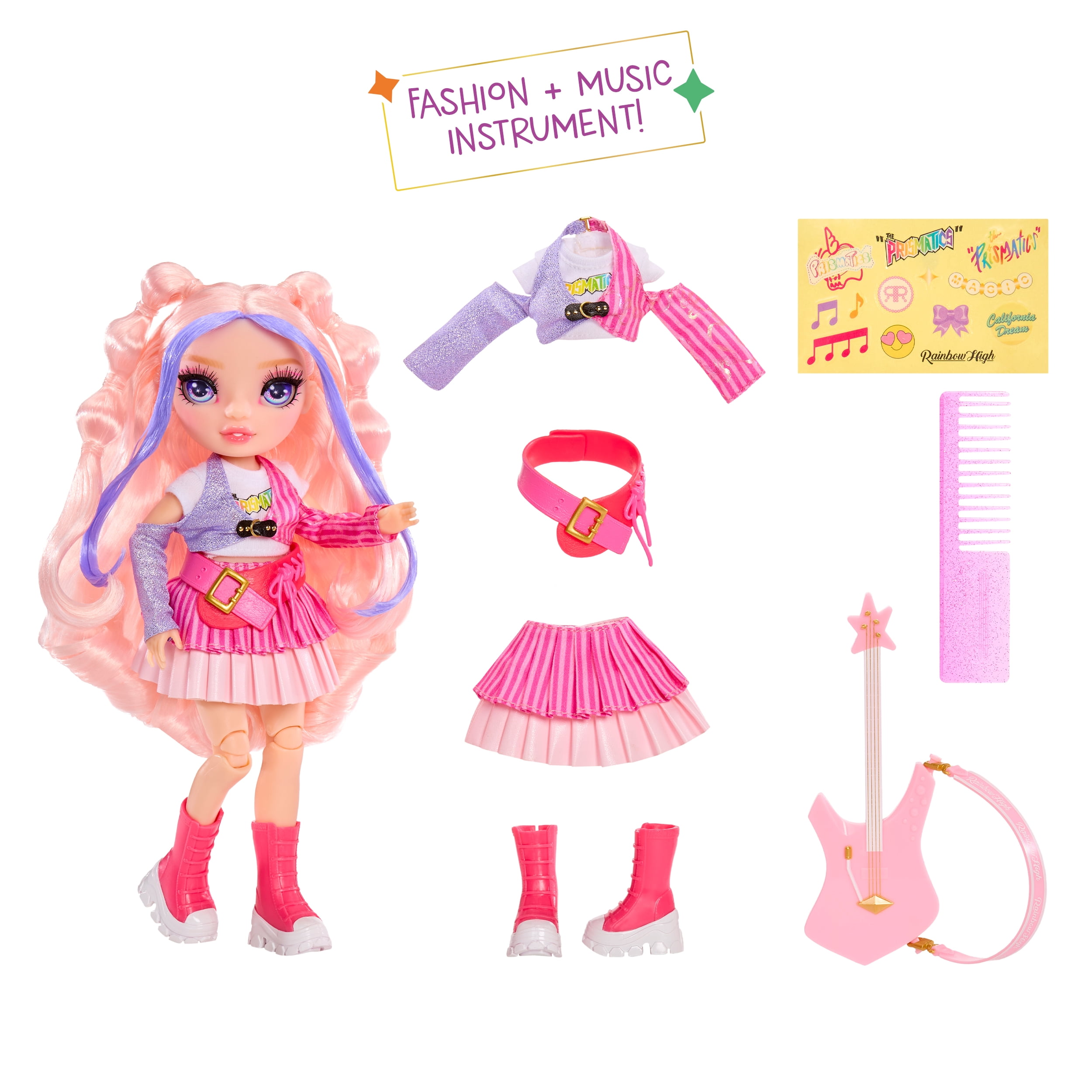 Rainbow High Jr High Rock Band - Bella, Pink 9” Fashion Doll with Guitar, Customize with Stickers