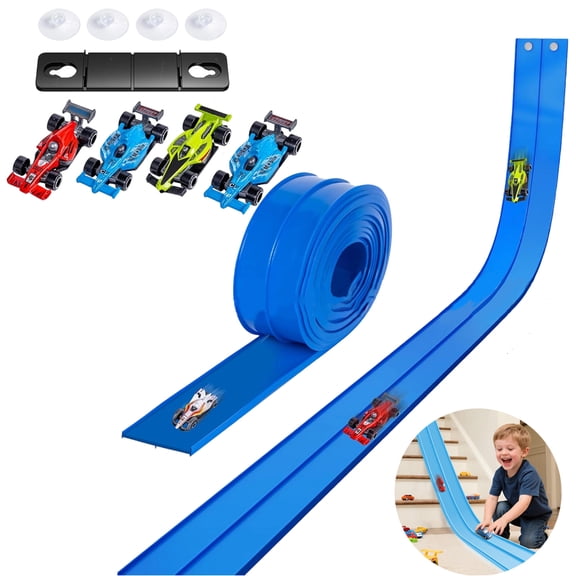 15Ft Flexible Race Track Toys for Kids, Double-Sided Racetrack for 1:64 Diecast Cars Toys, Rolls Up Portable Race Tracks with 4 Car & Suction Cups, Birthday Gifts for Boys Girls Ages 3