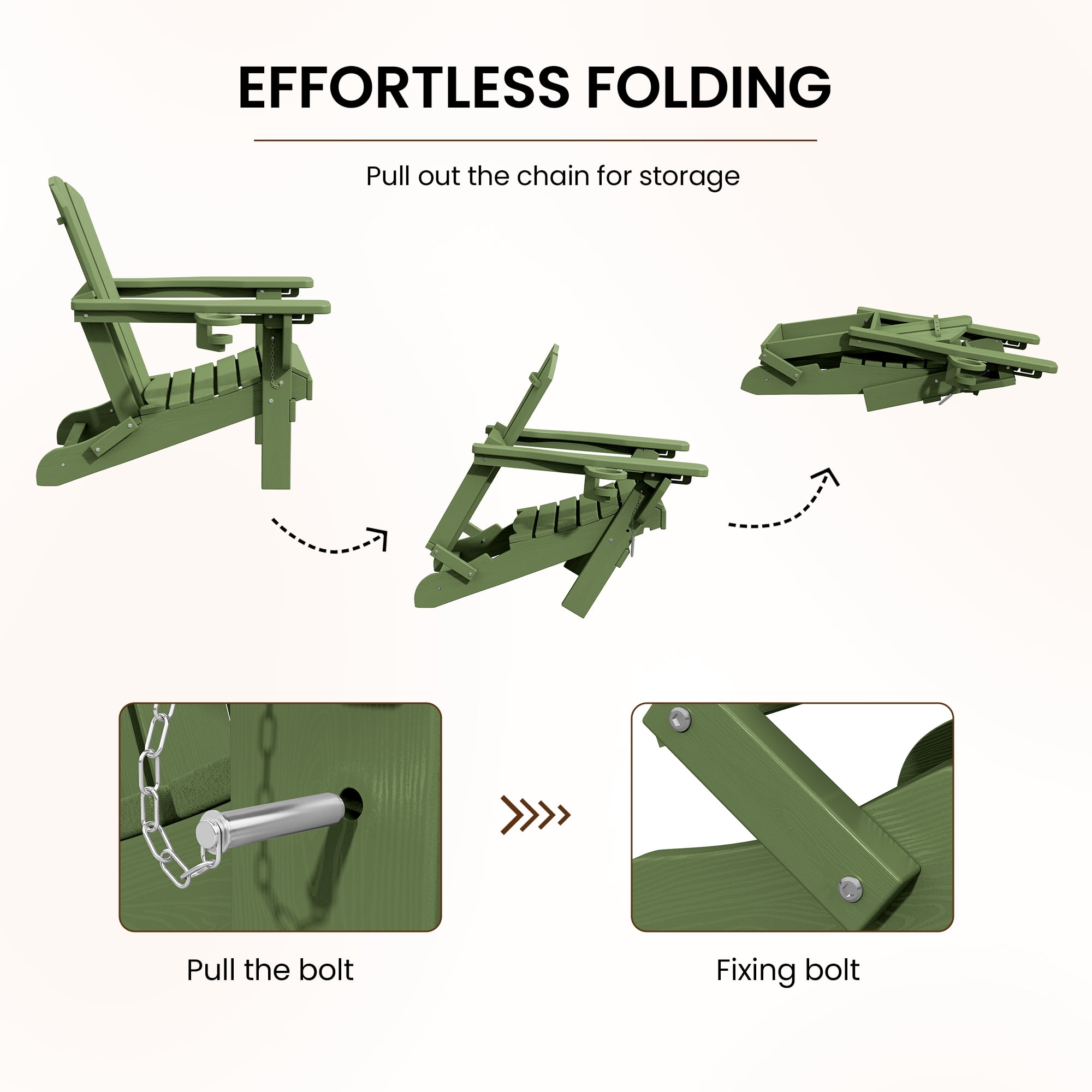 SERWALL Adjustable Folding HDPE Adirondack Chair Outdoor with Cup Holder, for Outdoor, Patio, Poolside, Garden, Avocado