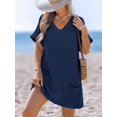 thumbnail image 3 of Vestido de baño CUPSHE de punto gofrado con cuello en V, azul marino, 3 of 5