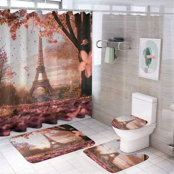 Blossoming Paris Eiffel Tower 4 Pcs Shower Curtain Set with Rug Bathroom Sets with Waterproof Fabric And Non-Slip Rugs Toilet Lid Cover Bath Mat Decor with Hooks