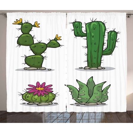 Cactus Curtains 2 Panels Set, Mexican Flora House Plant Assortment of Botanical Elements Barrel Hot Climate, Window Drapes for Living Room Bedroom, 108W X 108L Inches, Green Pink Grey, by