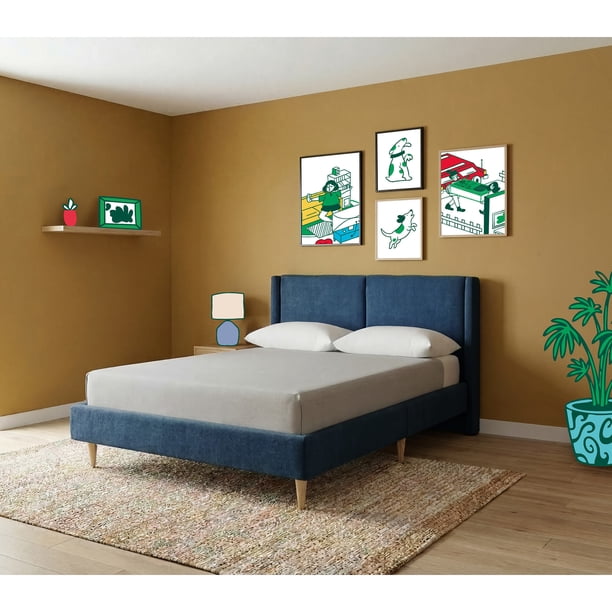Cama Matrimonial Makora Mavi Azul Tapizada en Tela Tipo Velvet (No Incluye Colchón)