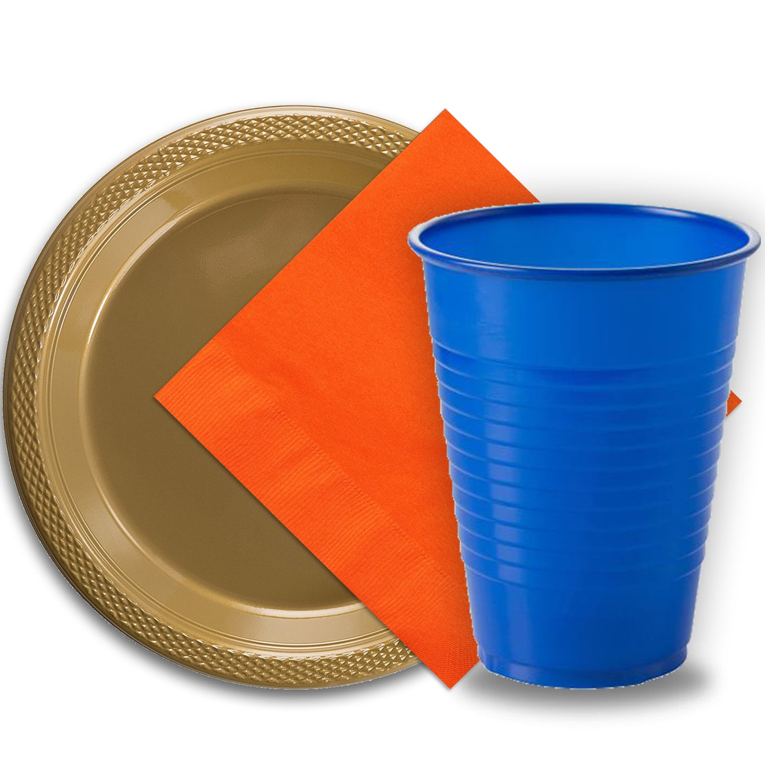 50 Gold Plastic Plates (9"), 50 Dark Blue Plastic Cups (12 oz.), and 50