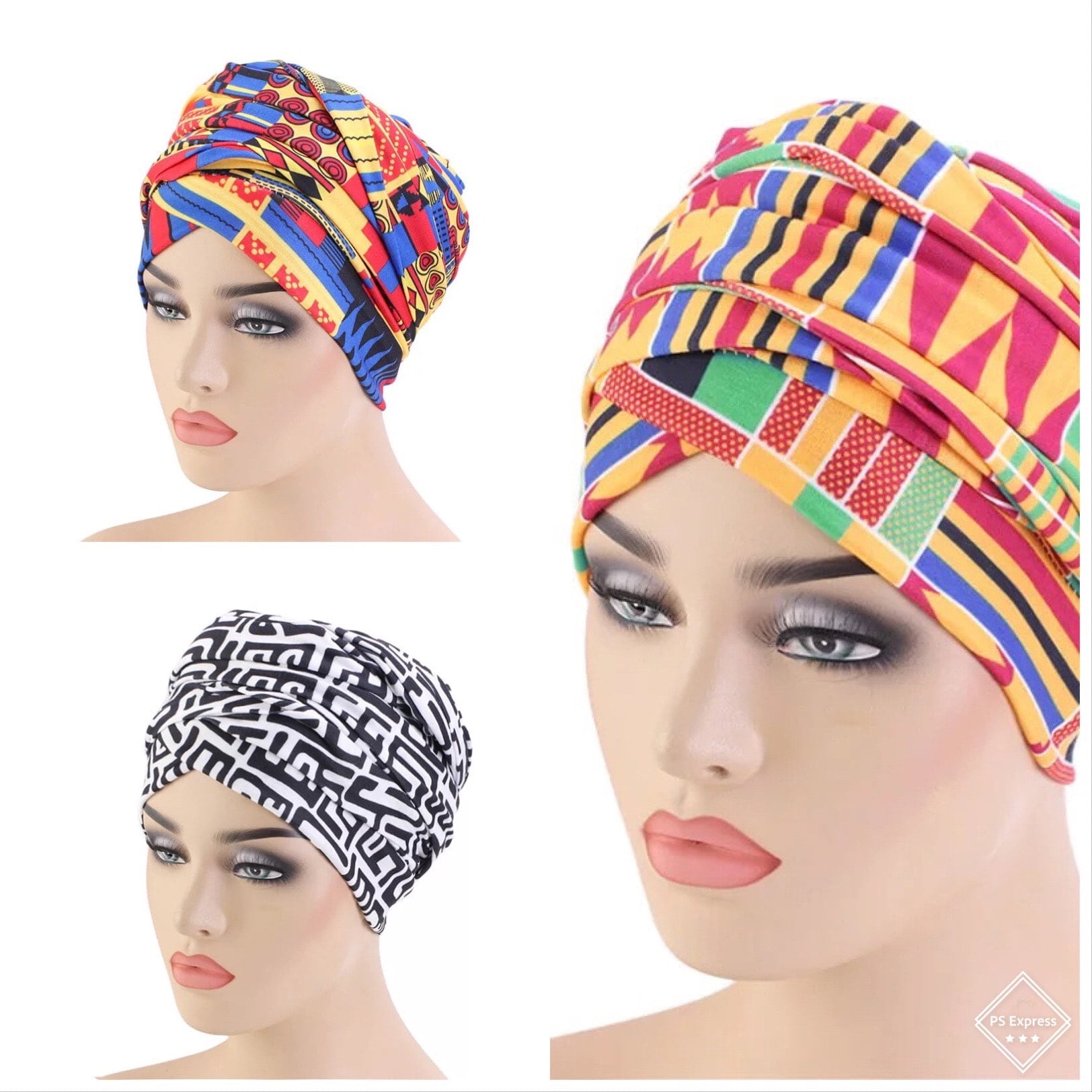 Headwrap Silk lined African Ankara vibrant Blue pattern